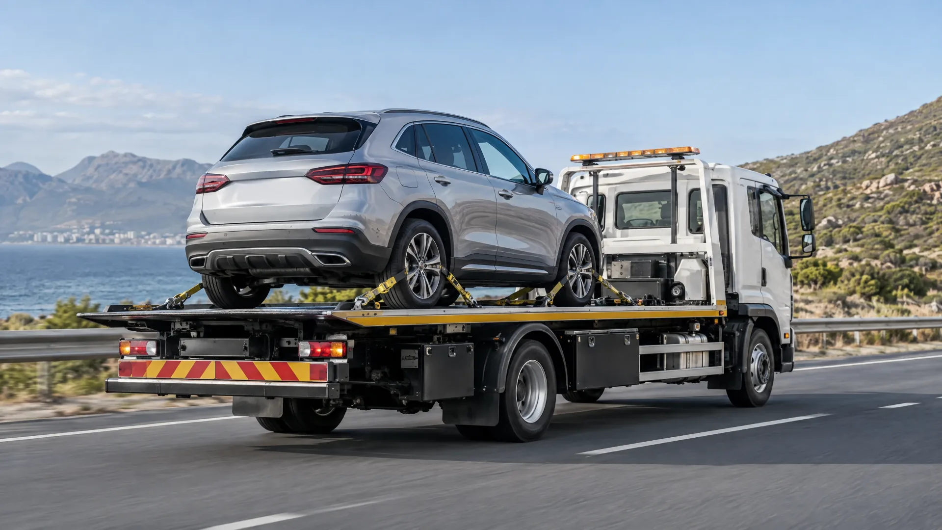 Silver SUV strapped to a flatbed tow truck on a coastal highway