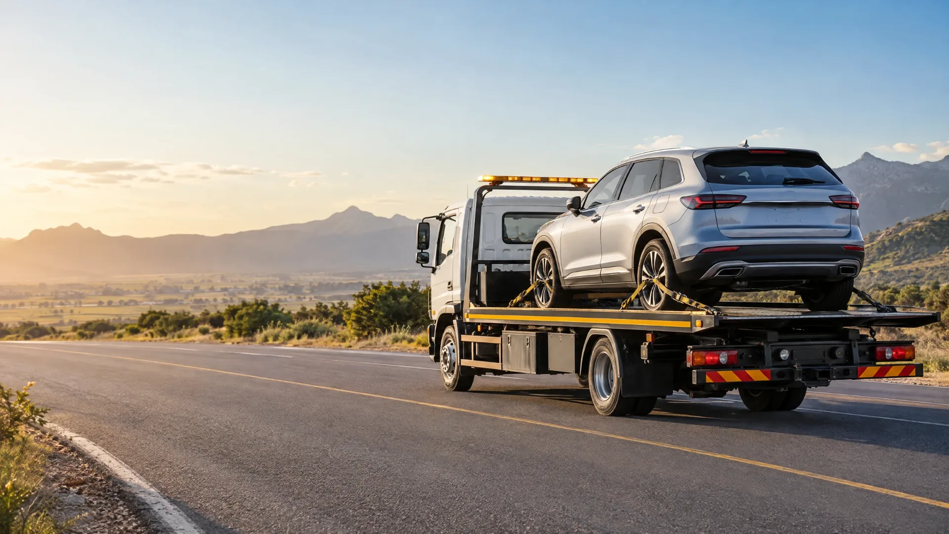 Flatbed tow truck carrying a silver SUV along a mountain road at sunrise