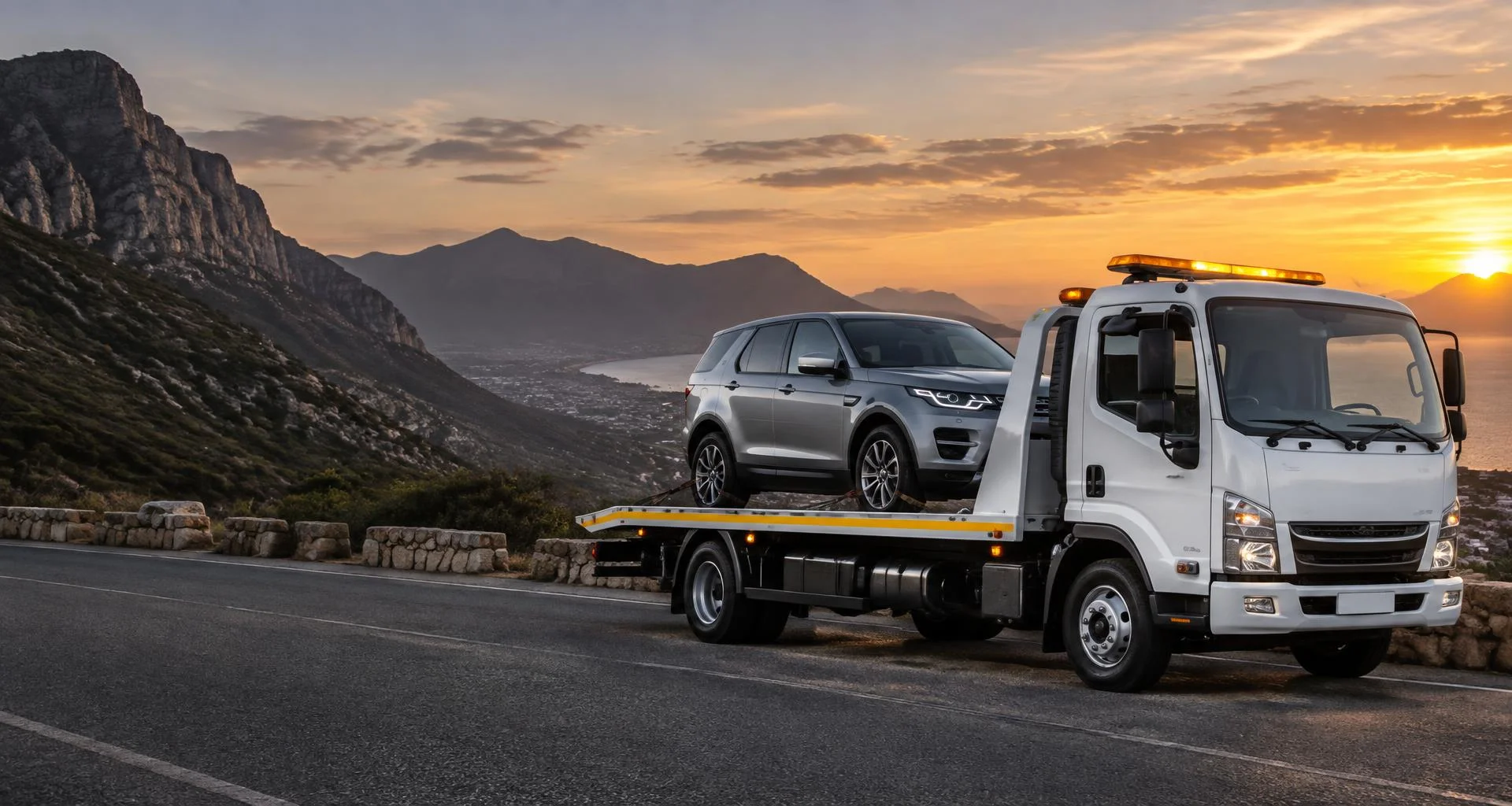 Flatbed recovery vehicle transporting an SUV on a mountain road